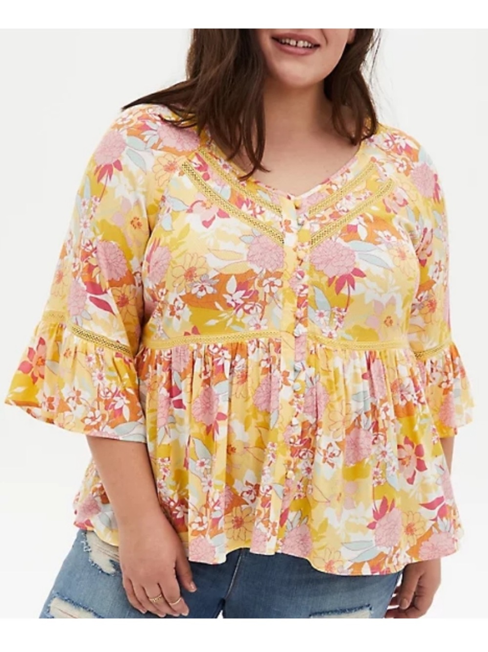 TORRID Retro Floral Embroidered Bell Sleeve Blouse sz 1 or 14-16